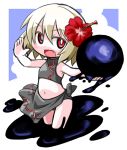  1girl bikini blonde_hair darkness fang flat_chest flower hair_flower hair_ornament kugelschreiber navel open_mouth outstretched_arms red_eyes rumia short_hair smile solo swimsuit touhou 
