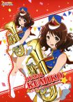  1girl absurdres band_uniform boots brown_eyes brown_hair confetti elbow_gloves euphonium gloves hat hibike!_euphonium highres instrument official_art open_mouth oumae_kumiko 