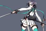  7th_dragon_(series) 7th_dragon_iii black_hair dual_wielding green_eyes miwa_shirou samurai_(7th_dragon_iii) skirt sword thigh-highs weapon 