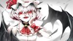  1girl ascot bat_wings evil_smile fangs gradient gradient_background hand_on_own_face hat hat_ribbon looking_at_viewer mob_cap nail_polish open_mouth puffy_sleeves ram_(ramlabo) red_eyes remilia_scarlet ribbon short_hair short_sleeves smile solo touhou upper_body wings wrist_cuffs 