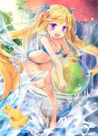  1girl ball beachball bikini blonde_hair full_body hair_ornament hair_ribbon hairclip jewelry jin_young-in long_hair looking_at_viewer necklace open_mouth original ribbon rubber_duck side-tie_bikini solo splashing swimsuit twintails very_long_hair violet_eyes water 