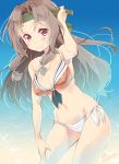  1girl adapted_costume artist_name bikini blush breasts brown_hair cleavage hand_on_own_head hand_on_own_thigh highres imu_sanjo jintsuu_(kantai_collection) kantai_collection looking_at_viewer signature smile solo swimsuit 