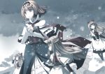  1girl alice_margatroid apron ascot blonde_hair blue_dress blue_eyes blurry book capelet clere doll dress frills hair_ribbon hairband long_hair long_sleeves looking_at_viewer looking_away necktie profile ribbon shanghai_doll short_hair sky snow snowing solo touhou waist_apron 