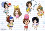  6+girls absurdres ahoge bikini black_hair blue_hair bow brown_hair chibi drink food hair_bow hair_ornament hairclip hat hibike!_euphonium highres ice_cream inflatable innertube katou_hazuki kawashima_sapphire kousaka_reina legs mole multiple_girls nakagawa_natsuki nakaseko_kaori official_art oumae_kumiko ponytail swimsuit tuba-kun yoshikawa_yuuko 