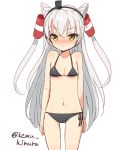  1girl amatsukaze_(kantai_collection) bikini black_bikini blush breasts brown_eyes cleavage hair_tubes kantai_collection kemu_(pixiv463430) long_hair looking_at_viewer navel side-tie_bikini silver_hair simple_background solo swimsuit two_side_up white_background 