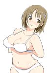  1girl 3: arms_behind_back blush bra breasts brown_eyes brown_hair cleavage collarbone dressing flower hair_flower hair_ornament idolmaster idolmaster_cinderella_girls looking_back looking_to_the_side mimura_kanako navel panties rikosyegou short_hair simple_background skindentation solo underwear white_background white_bra white_panties 