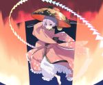  1girl barefoot bowl fighting_stance frills full_body japanese_clothes kimono lavender_hair long_sleeves nakatani needle object_on_head open_mouth short_hair solo sukuna_shinmyoumaru touhou wide_sleeves 