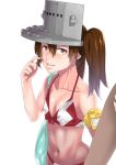  1girl bare_shoulders bikini brown_hair flat_chest jack_hamster kantai_collection light_smile long_hair looking_at_viewer navel ryuujou_(kantai_collection) simple_background solo swimsuit twintails white_background 