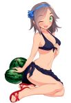  1girl :d bikini bikini_pull blew_andwhite blush breasts cleavage fang food fruit green_eyes grey_hair groin hair_ornament hairband hairclip highres kantai_collection kuroshio_(kantai_collection) legs_together navel open_mouth pulled_by_self purple_bikini red_shoes sandals sarong shoes short_hair simple_background sitting smile solo swimsuit watermelon white_background yokozuwari 