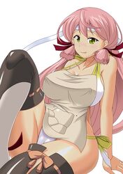  1girl :p akashi_(kantai_collection) apron bandana bikini blush breasts cleavage green_eyes hair_ribbon highres jewelry kantai_collection large_breasts long_hair looking_at_viewer pink_hair ribbon ring smile solo swimsuit tan tanline thigh-highs tongue tongue_out tress_ribbon twintails yohinori 