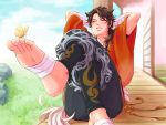  arms_behind_head bandaged_arm bandages blue_sky brown_hair butterfly closed_eyes foreshortening fukai_(yas_lions) grass leaning_back mutsu-no-kami_yoshiyuki rock sitting sky tail touken_ranbu 