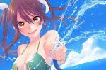  1girl adapted_costume aqua_bikini bikini blue_sky breasts brown_hair cleavage clouds collarbone foreshortening hair_ribbon highres hose kantai_collection large_breasts long_hair looking_at_viewer open_mouth outdoors ribbon sky smile solo spraying swimsuit tone_(kantai_collection) twintails upper_body water yami_(m31) 