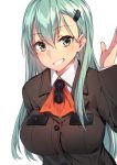  1girl aqua_eyes aqua_hair grin hair_ornament hairclip highres kantai_collection long_hair school_uniform smile solo soukou_makura suzuya_(kantai_collection) waving 