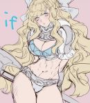  1girl armor artist_request axe battle_axe blonde_hair blue_eyes blush bow breasts charlotte_(fire_emblem_if) cleavage copyright_name curvy fire_emblem fire_emblem_if hair_bow holding holding_axe holding_weapon large_breasts long_hair pauldrons pink_background simple_background solo spikes toned very_long_hair wavy_hair weapon white_bow 
