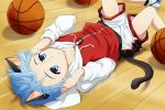  1boy animal_ears basketball blue_eyes blue_hair cat_ears cat_tail hoodie kuroko_no_basuke kuroko_tetsuya male_focus on_floor short_hair shorts solo tail toosaka_reido 