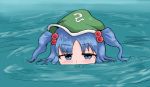  1girl absurdres blue_eyes blue_hair blush bubble bubble_blowing hair_bobbles hair_ornament hat highres kawashiro_nitori looking_at_viewer partially_submerged short_hair short_twintails solo submerged touhou twintails two_side_up wading water 