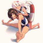  2girls bare_legs bare_shoulders barefoot blonde_hair blue_eyes blush brown_eyes brown_hair crop_top flower hair_flower hair_ornament i-401_(kantai_collection) kantai_collection kneeling lifebuoy long_hair looking_at_viewer multiple_girls one-piece_swimsuit one-piece_tan one_eye_closed open_mouth ponytail ro-500_(kantai_collection) sailor_collar school_swimsuit short_ponytail sitting smile stretch supertie swimsuit swimsuit_under_clothes tan tanline 