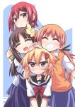  4girls ^_^ ^o^ blonde_hair blue_skirt blush brown_hair cardigan closed_eyes ear_studs earrings flower grin hair_flower hair_ornament hairclip hands_on_another&#039;s_head heart_hair_ornament hikawa_shou himukai_konatsu jewelry multiple_girls official_art open_mouth orange_hair ponytail red_eyes redhead ribbon school_uniform serafuku shinozaki-san_ki_wo_otashikani shinozaki_akina short_hair skirt smile yamanobe_touko yotsukoshi_chigusa 