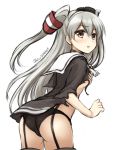  1girl :o amatsukaze_(kantai_collection) ass black_panties blush brown_eyes covering covering_breasts cowboy_shot don_(29219) from_behind garter_straps hair_tubes kantai_collection long_hair panties silver_hair torn_clothes twitter_username two_side_up underwear white_background 