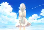  1girl asami_yutori back bow clouds dress long_hair original sky solo standing white white_dress white_hair 
