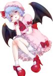  1girl ascot bat_wings bloomers blue_hair bow chin_rest frills hat mob_cap moguri_m remilia_scarlet short_hair simple_background skirt skirt_set solo touhou underwear violet_eyes white_background wings wrist_cuffs 