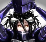  1girl albedo armor black_hair horns overlord_(maruyama) removing_helmet solo yellow_eyes 