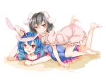  2girls animal_ears barefoot black_hair blue_dress blue_hair blush bunny_tail carrot colored dress full_body inaba_tewi jewelry looking_at_viewer lying lying_on_person multiple_girls necklace on_stomach ookamisama open_mouth pink_dress puffy_sleeves rabbit_ears red_eyes seiran_(touhou) short_hair short_sleeves simple_background sketch smile tail touhou white_background 