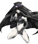  1girl bare_shoulders black_gloves cape celtic_cross crop_top elbow_gloves facial_mark flower gloves hat lipstick makeup navel pink_lipstick red_lips riko_(kujira215) scathach shin_megami_tensei simple_background solo white_background white_skin yellow_eyes 