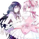  2girls akemi_homura black_hair gloves hair_ribbon kaname_madoka looking_at_viewer mahou_shoujo_madoka_magica multiple_girls pink_eyes pink_hair ribbon sanctuary-of-apricot skirt smile twintails 