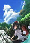  1girl back black_hair blue_sky clouds dutch_angle from_behind hat looking_at_viewer looking_back nature partially_submerged pom_pom_(clothes) red_eyes shameimaru_aya shirt short_sleeves skirt skirt_lift sky solo string teru_(kazanawa) tokin_hat touhou water waterfall wet wet_clothes 