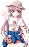  1girl adapted_costume bangs breasts brown_eyes clothes_around_waist expressionless hand_on_headwear hat hata_no_kokoro holding_mask long_hair looking_at_viewer mask rakugakiyarou shapes shirt_around_waist short_shorts shorts simple_background solo t-shirt touhou very_long_hair white_background 