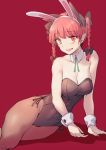  1girl animal_ears bare_shoulders blush bow braid brown_legwear bunnysuit cat_ears detached_collar extra_ears fake_animal_ears geppewi hair_bow hair_ornament kaenbyou_rin looking_at_viewer open_mouth pantyhose rabbit_ears red_background red_eyes redhead short_hair simple_background slit_pupils smile solo touhou twin_braids wrist_cuffs 