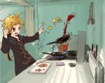  1girl akahane_daisuke blonde_hair cooking frying_pan highres magic original sketch smile solo witch 