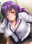  board breasts denizen_tomo green_eyes highres large_breasts love_live!_school_idol_project necktie papers purple_hair school_uniform skirt smile thigh-highs toujou_nozomi 