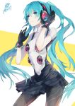  1girl 2015 absurdres aqua_eyes aqua_hair dated gloves hand_on_headphones hatsune_miku headphones highres long_hair messikid pantyhose persona persona_4 persona_4:_dancing_all_night skirt solo twintails very_long_hair vocaloid 