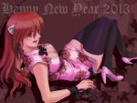  1girl black_legwear breasts chinese_clothes cleavage elfen_lied high_heels horns long_hair looking_at_viewer looking_back lucy nyuu open_mouth pink_hair red_eyes short_hair smile solo thigh-highs 