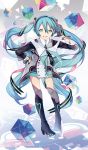  1girl ahoge aqua_hair boots cube gloves green_eyes hand_on_hip hatsune_miku highres kari_kenji knee_boots long_hair looking_at_viewer necktie open_mouth pigeon-toed skirt solo thigh-highs thigh_strap twintails very_long_hair vocaloid 