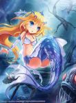  1girl ass bikini_top blonde_hair blue_eyes breasts cleavage detached_sleeves fangs fins fish highres kankurou long_hair mermaid monster monster_girl navel original pointy_ears scales tail tiara underwater webbed_hands 