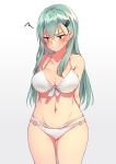  &gt;:&gt; 1girl aqua_eyes aqua_hair arms_behind_back bikini blush breasts cleavage hair_ornament hairclip highres kantai_collection layered_bikini long_hair navel o-ring_bottom simple_background solo soukou_makura suzuya_(kantai_collection) swimsuit white_bikini white_swimsuit 