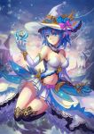  1girl absurdres atdan bare_shoulders blue_eyes blue_hair breasts elbow_gloves gloves hat highres navel smile solo 