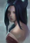  1girl ahri animal_ears bare_shoulders black_hair breasts detached_sleeves eyebrows eyelashes fox_ears from_behind from_side grey_background highres korean_clothes league_of_legends lips lipstick long_hair looking_at_viewer looking_back looking_to_the_side makeup nguyen_uy_vu nose parted_lips portrait realistic red_lipstick signature solo violet_eyes 
