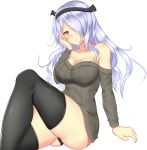  alternate_costume breasts camilla_(fire_emblem_if) cleavage fire_emblem fire_emblem_if hair_over_one_eye hairband hand_on_own_face long_hair noeomi purple_hair red_eyes sweater thigh-highs 