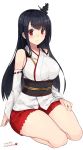  1girl 2015 bare_shoulders black_hair blush breasts dated detached_sleeves fusou_(kantai_collection) hair_ornament highres japanese_clothes kantai_collection kuro_chairo_no_neko large_breasts long_hair looking_at_viewer nontraditional_miko red_eyes seiza simple_background sitting skirt smile solo twitter_username white_background 