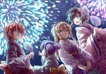  4girls antenna_hair black_hair bow brown_eyes double_bun fan fireworks green_eyes grin highres ichijou_hotaru japanese_clothes kimono koshigaya_komari koshigaya_natsumi kumakou long_hair long_sleeves miyauchi_renge multiple_girls night non_non_biyori obi paper_fan purple_hair redhead sash short_ponytail smile wide_sleeves yukata 