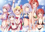 6+girls :d alternate_costume alternate_hairstyle apron arm_at_side arm_behind_back back-to-back bangs bare_shoulders bat_wings bikini bikini_skirt black_swimsuit blue_bikini blue_eyes blunt_bangs braid breasts cleavage clouds cloudy_sky collarbone covered_navel crescent_hair_ornament flandre_scarlet folded_ponytail from_side front-tie_top green_bikini grin hair_between_eyes hair_ornament hair_ribbon hairband halter_top halterneck height_difference hong_meiling izayoi_sakuya koakuma large_breasts lavender_hair leaning_forward long_hair looking_at_viewer maid_headdress midriff multiple_girls navel no_hat off_shoulder one-piece_swimsuit one_eye_closed open_mouth outstretched_hand partially_submerged patchouli_knowledge ponytail purple_bikini purple_hair ram_hachimin red_eyes red_swimsuit redhead remilia_scarlet ribbon short_hair side-tie_bikini side_ponytail sideboob silver_hair sky slit_pupils small_breasts smile swimsuit touhou tress_ribbon twin_braids under_boob violet_eyes waist_apron water wings wrist_cuffs 