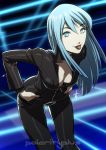  1girl :p bent_over black_lipstick blue_eyes blue_hair breasts center_opening choker cleavage daniel_macgregor devil_summoner eyelashes hands_in_pockets high_collar lips lipstick long_hair looking_at_viewer makeup nemissa pale_skin shin_megami_tensei solo soul_hackers tongue tongue_out unzipped 