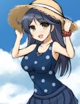  1girl ahoge arms_up black_hair blue_swimsuit breasts brown_eyes clouds don_(29219) hands_on_headwear hat holding holding_hat kantai_collection large_breasts long_hair looking_at_viewer one-piece_swimsuit open_mouth polka_dot polka_dot_swimsuit remodel_(kantai_collection) ribbon skirt sky smile solo swimsuit twitter_username ushio_(kantai_collection) wrist_scrunchie 