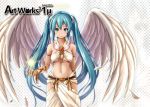 1girl 2015 angel_wings aqua_eyes aqua_hair armlet belt feathers hatsune_miku long_hair looking_at_viewer miu_(angelo_whitechoc) navel smile solo twintails very_long_hair vocaloid wings 