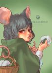  1girl :t animal_ears blush eating food food_on_face full_mouth grey_hair highres mouse_ears mouse_tail nanashi_(otaku_rock_n_roll) nazrin onigiri red_eyes rice_on_face short_hair solo tail touhou 