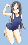  1girl black_hair glasses highres kneeling long_hair original red_eyes retsu_maru school_swimsuit swimsuit 